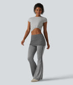 Foldover Mid Rise Stripe Flare Casual Trousers — Mottled Light Grey — view 6