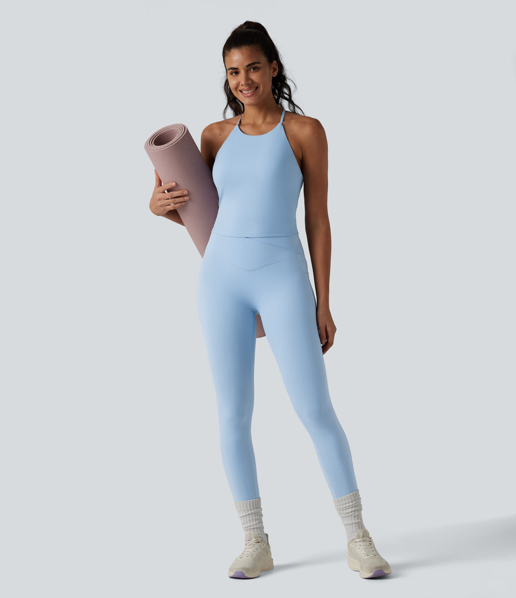 Airy Racerback Built-in Bra InstantCool Yoga Tank Top with Pockets-UPF50+ — Angel Falls — view 7