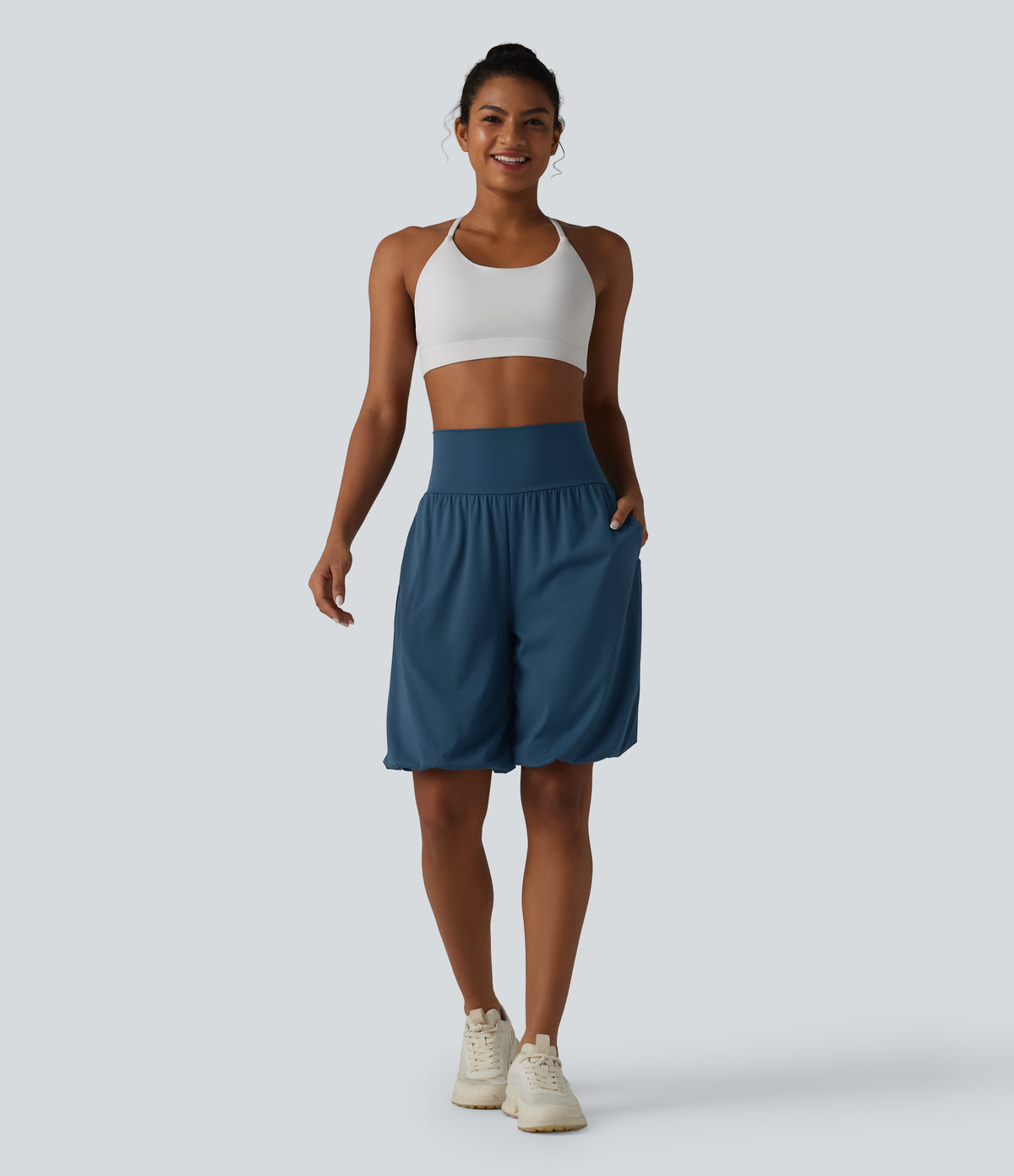 Airy Super High Waisted InstantCool Yoga Balloon Shorts with Pockets — Majolica Blue — view 7