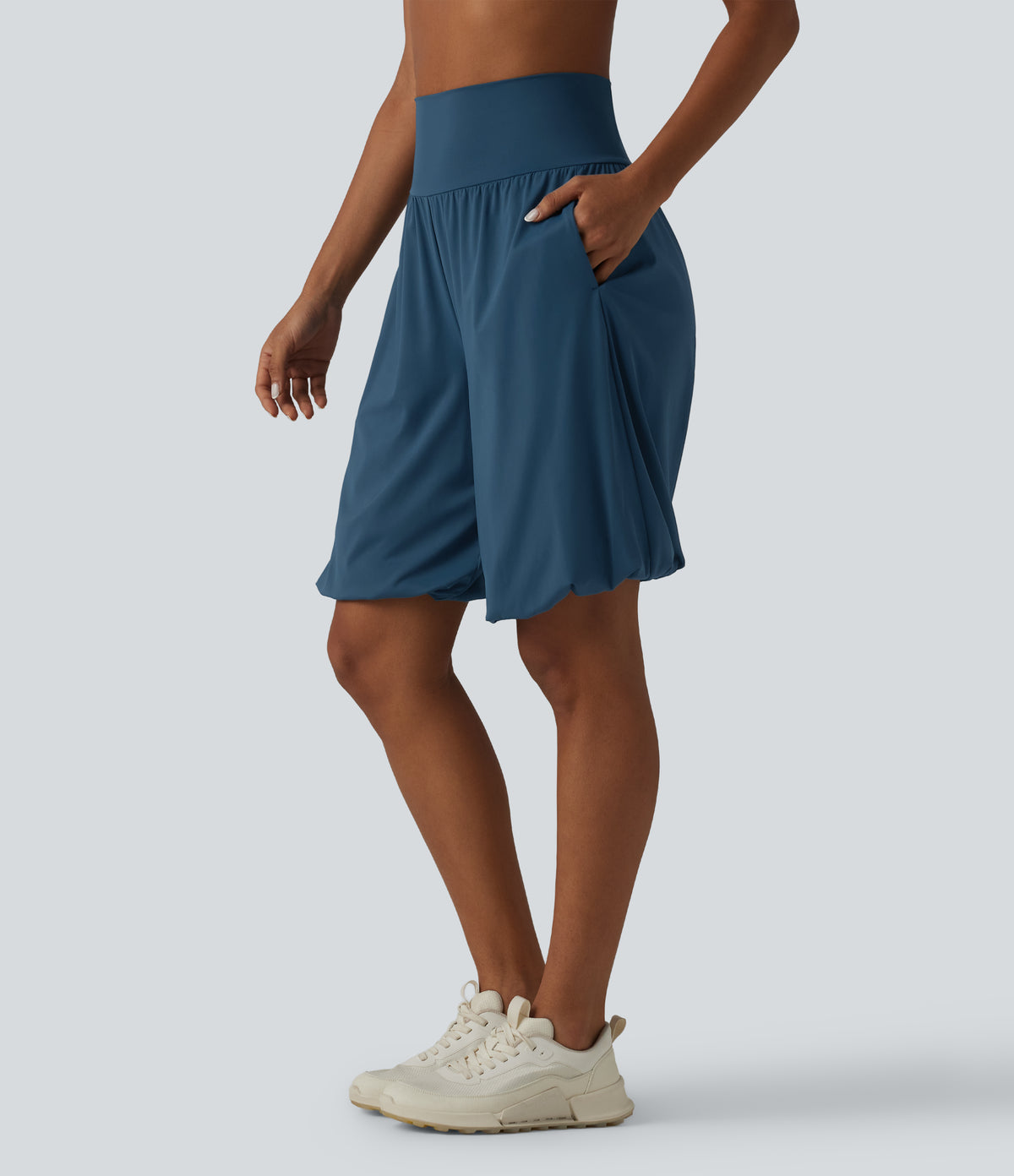 Airy Super High Waisted InstantCool Yoga Balloon Shorts with Pockets — Majolica Blue — view 3