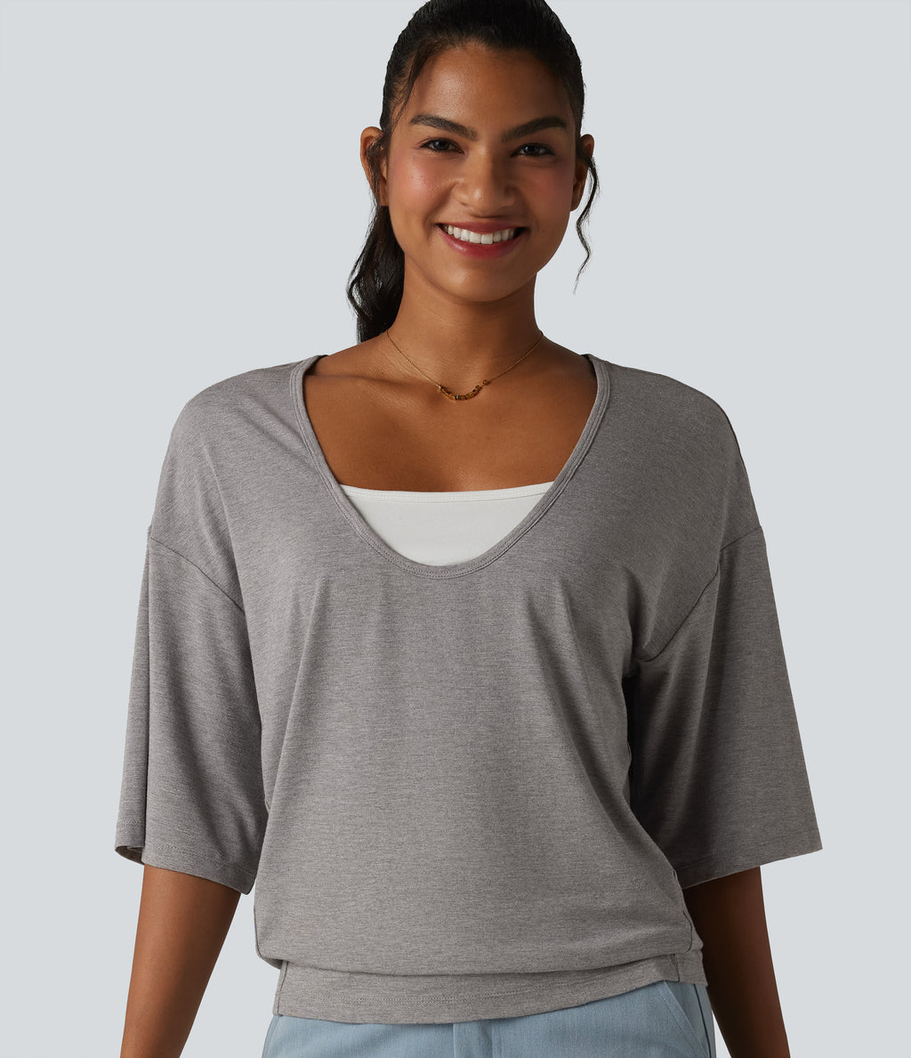 Scoop Neck Half Sleeve Color Block Casual Top — Porcelain White — view 1