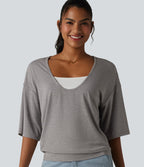 Scoop Neck Half Sleeve Color Block Casual Top — Porcelain White — view 1