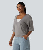 Scoop Neck Half Sleeve Color Block Casual Top — Porcelain White — view 3