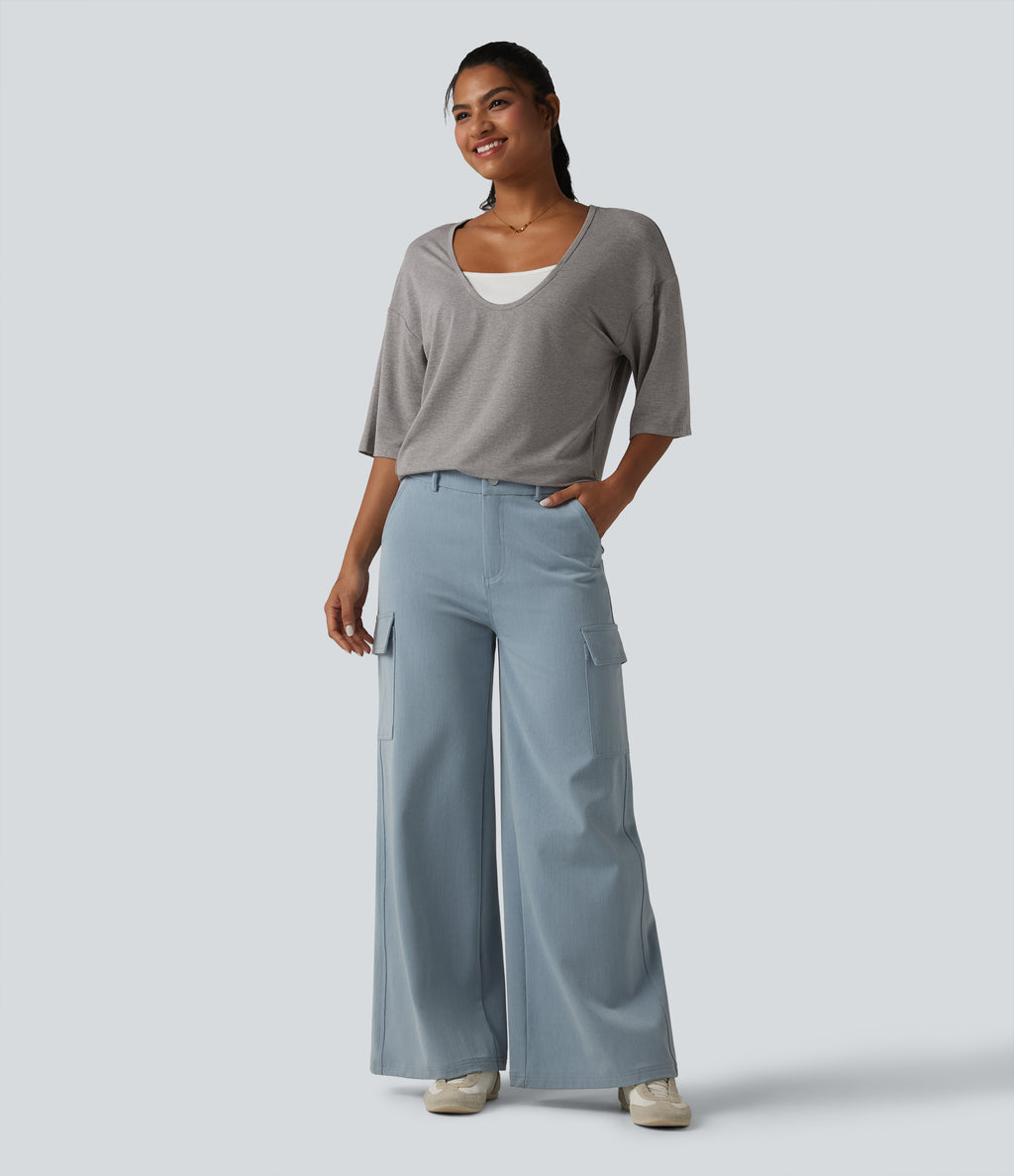 Scoop Neck Half Sleeve Color Block Casual Top — Porcelain White — view 5