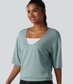 Scoop Neck Half Sleeve Color Block Casual Top — Oil Blue — view 6
