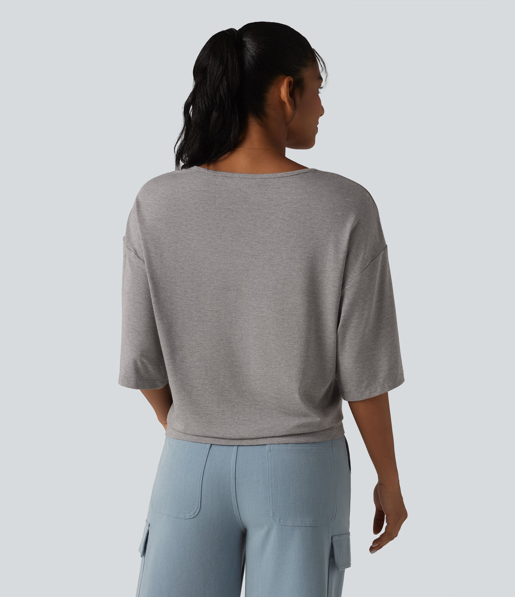 Scoop Neck Half Sleeve Color Block Casual Top — Porcelain White — view 2