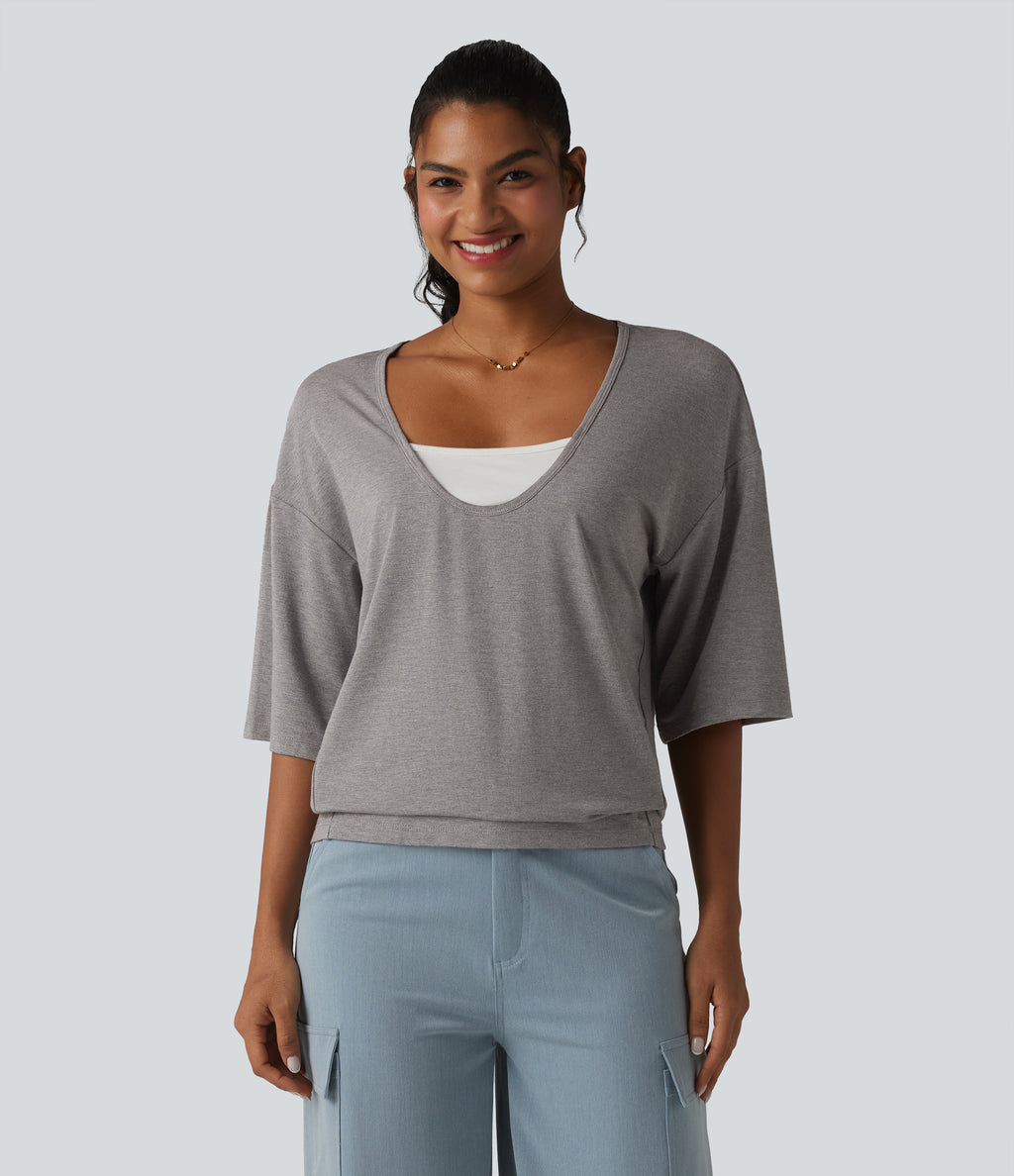 Scoop Neck Half Sleeve Color Block Casual Top — Porcelain White — view 4
