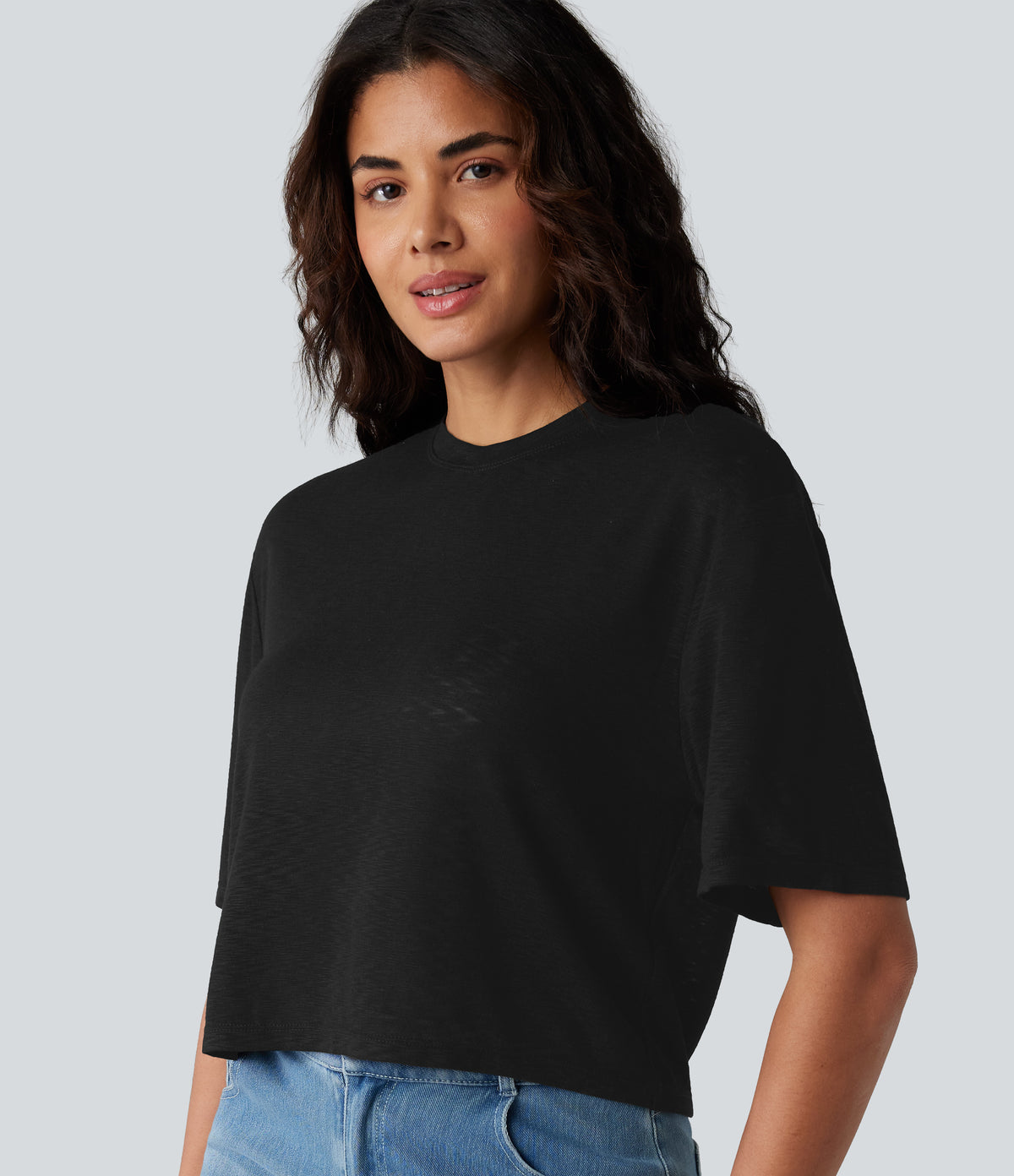 Round Neck Short Sleeve Casual Top — Black — view 6