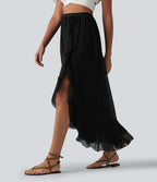 High Waisted High Low Ruffle Flowy Maxi Skirt — Black — view 6