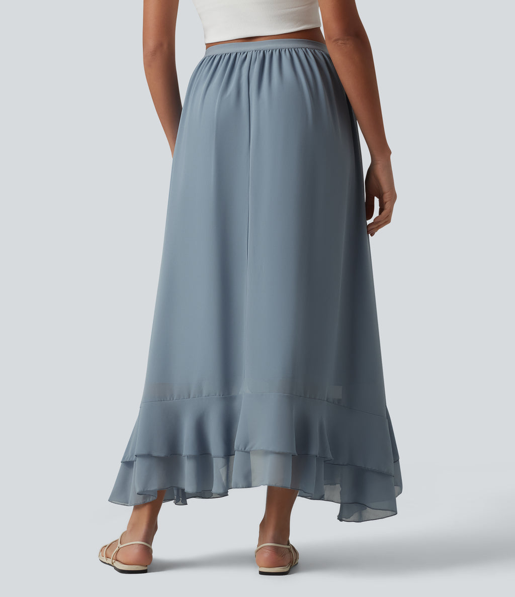 High Waisted High Low Ruffle Flowy Maxi Skirt — Gray Haze Blue — view 2