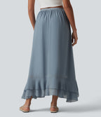 High Waisted High Low Ruffle Flowy Maxi Skirt — Gray Haze Blue — view 2