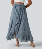 High Waisted High Low Ruffle Flowy Maxi Skirt — Gray Haze Blue — view 3