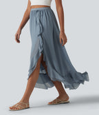 High Waisted High Low Ruffle Flowy Maxi Skirt — Gray Haze Blue — view 1