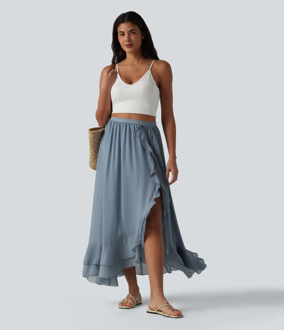 High Waisted High Low Ruffle Flowy Maxi Skirt — Gray Haze Blue — view 5
