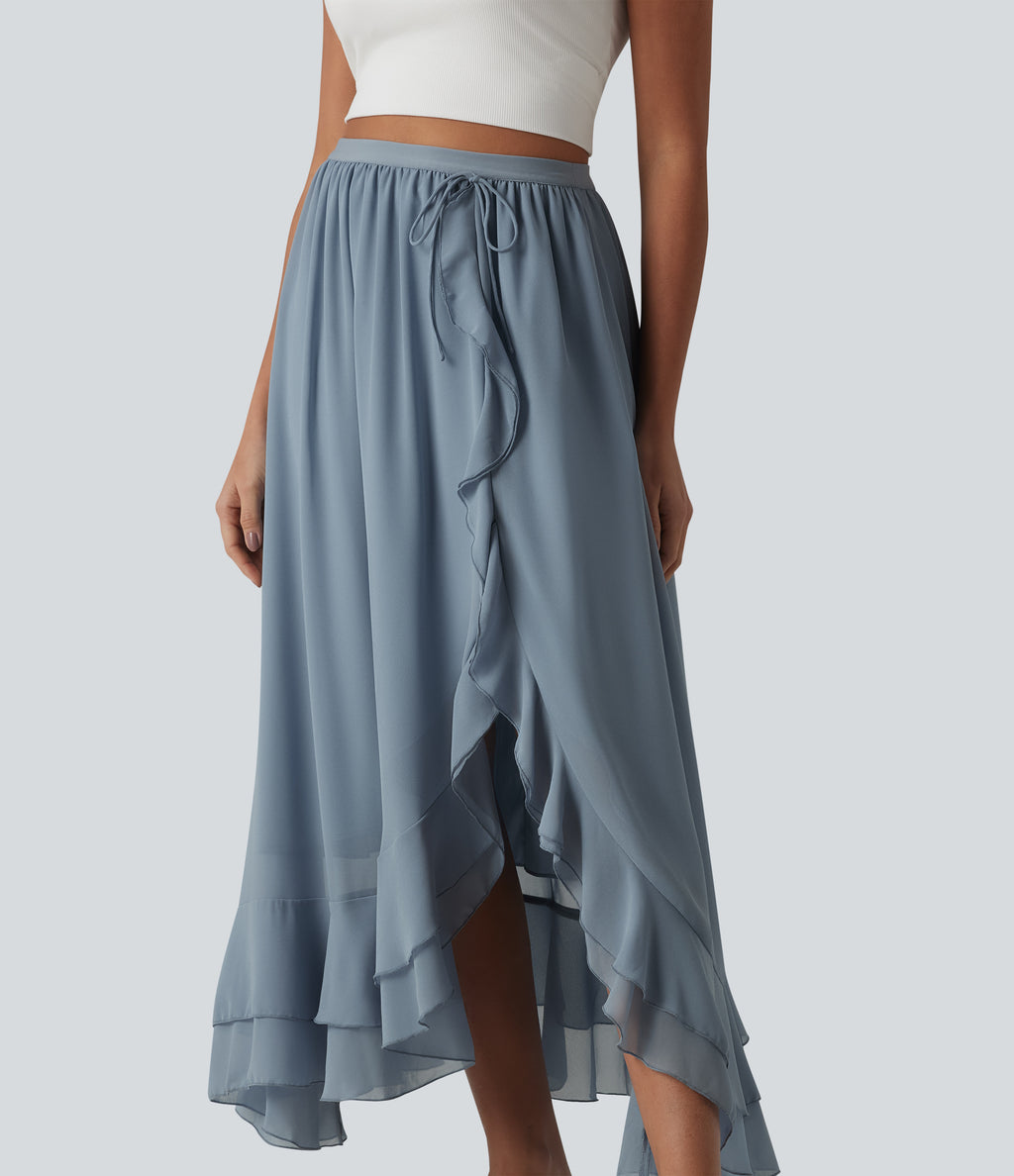 High Waisted High Low Ruffle Flowy Maxi Skirt — Gray Haze Blue — view 4