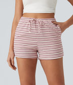 Ribbed Knit High Waisted Drawstring Stripe Casual Shorts 3'' with Pockets — Warm Sand Stripe — view 1