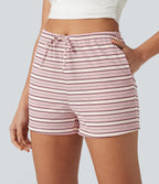Ribbed Knit High Waisted Drawstring Stripe Casual Shorts 3'' with Pockets — Warm Sand Stripe — view 4