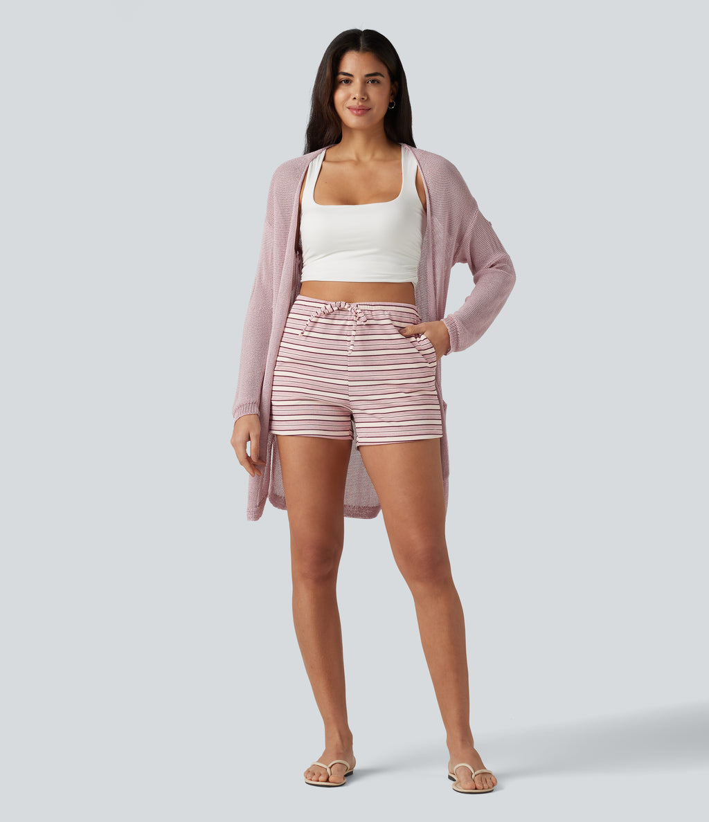 Ribbed Knit High Waisted Drawstring Stripe Casual Shorts 3'' with Pockets — Warm Sand Stripe — view 6