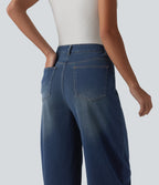 Mid Rise Barrel Leg Casual Jeans with Pockets — Estate Blue Denim — view 6