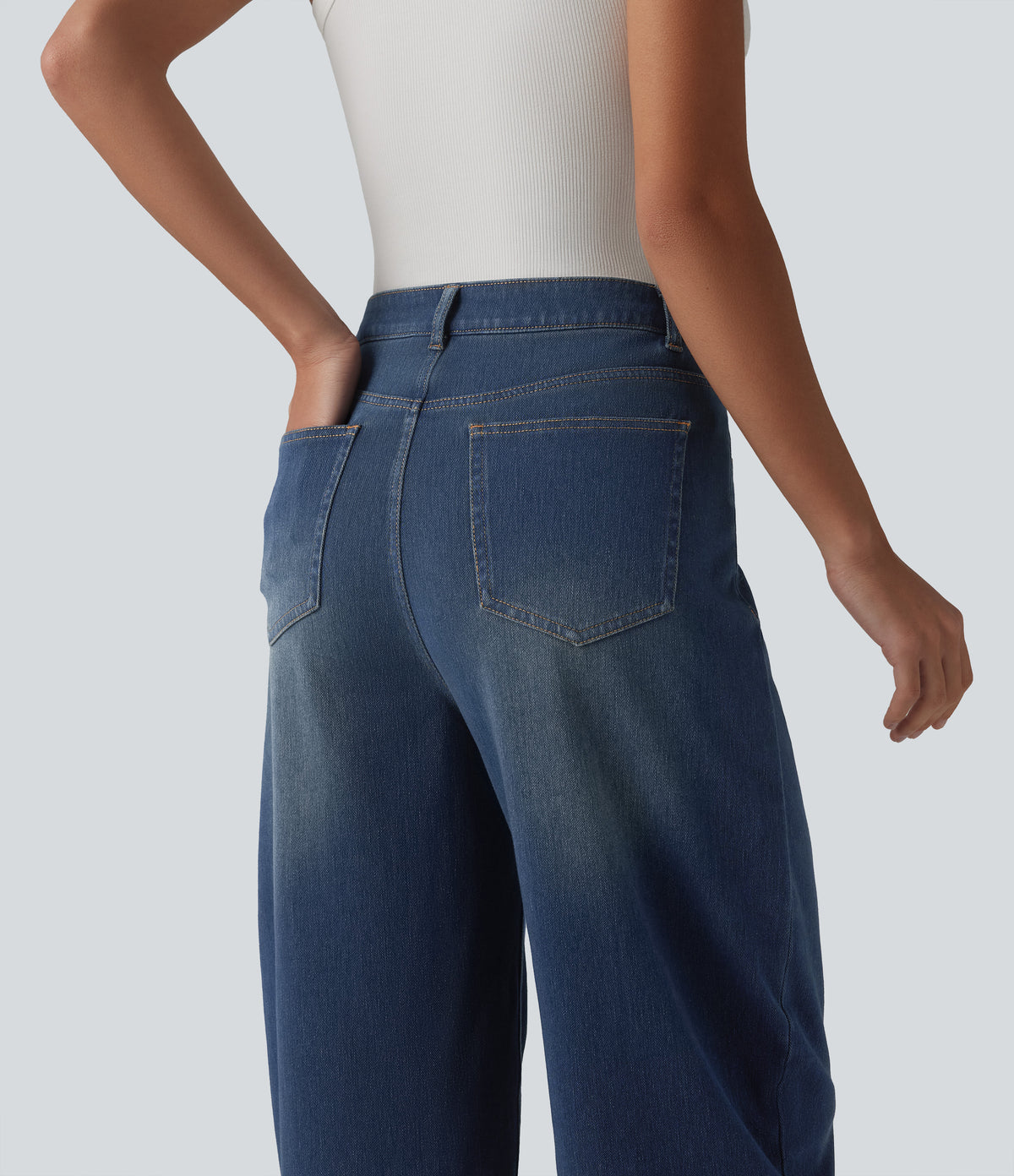 Mid Rise Barrel Leg Casual Jeans with Pockets — Estate Blue Denim — view 6