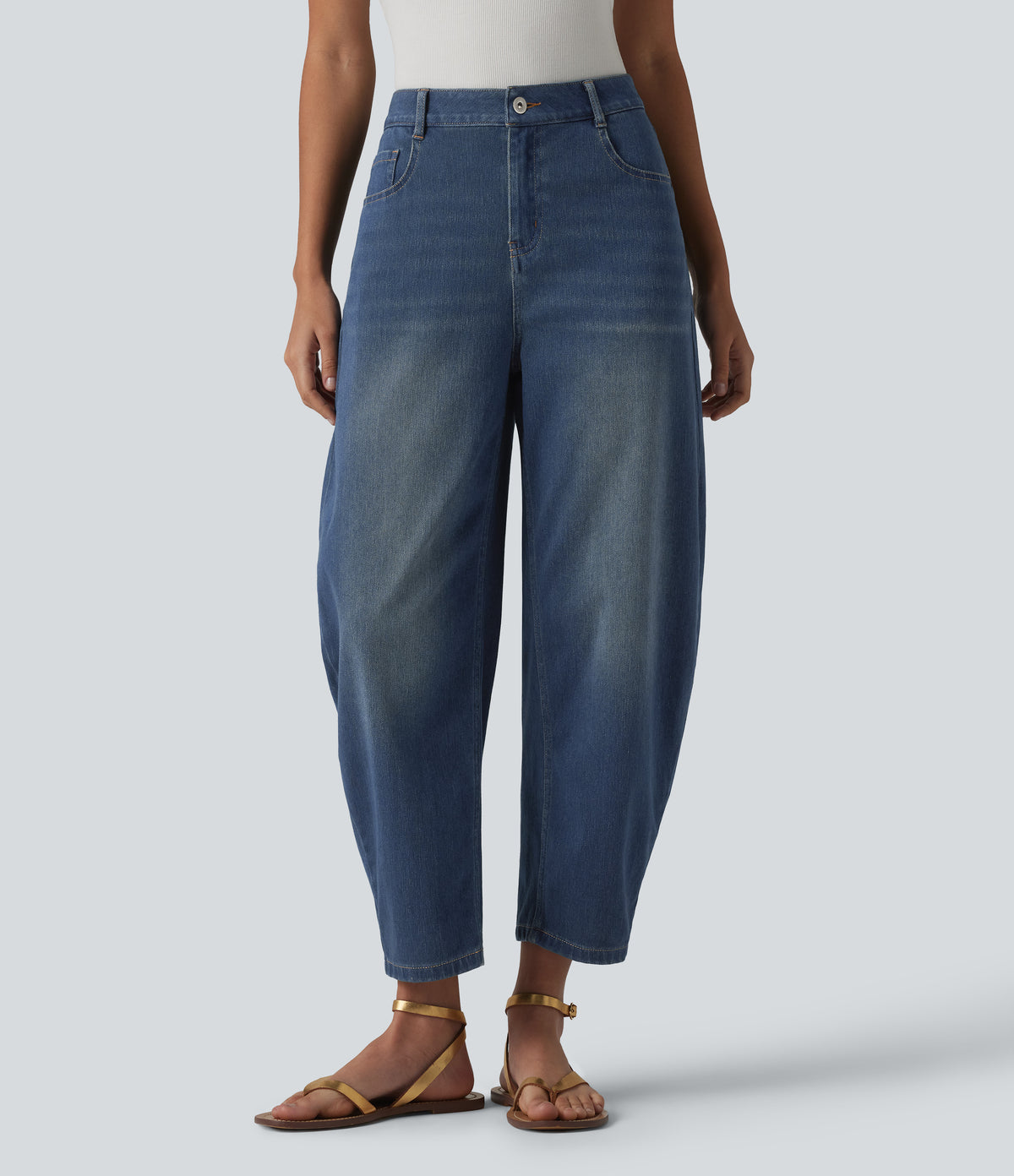Mid Rise Barrel Leg Casual Jeans with Pockets — Estate Blue Denim — view 4