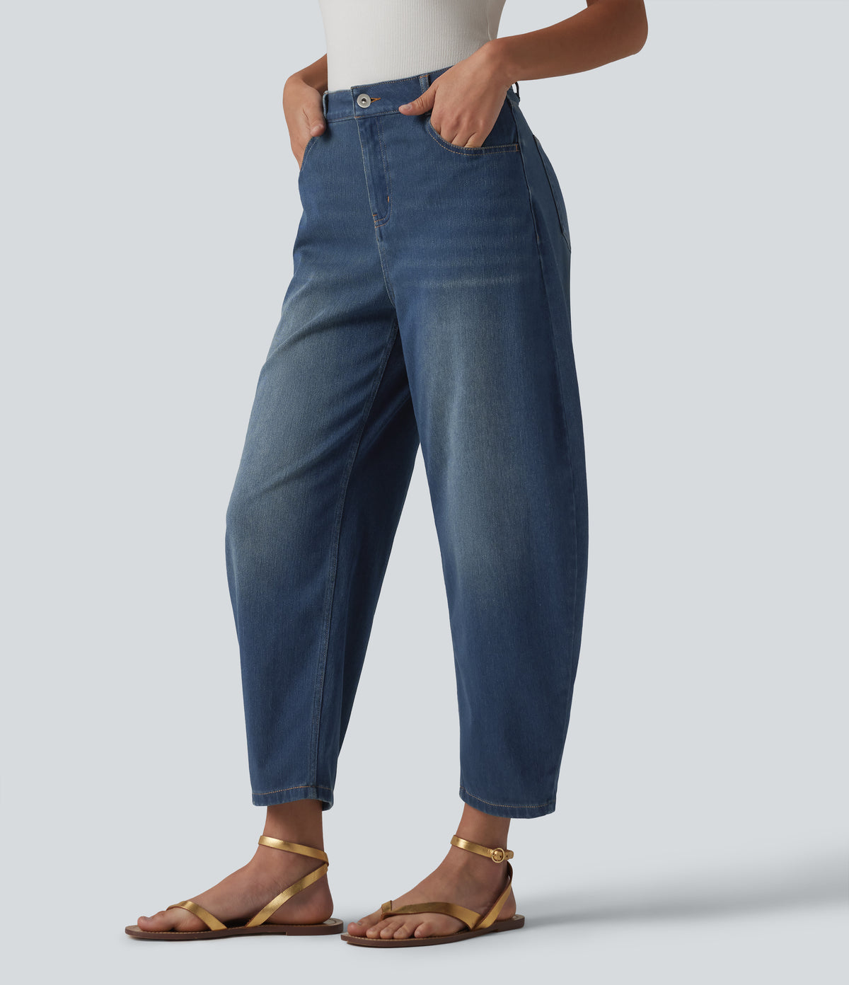 Mid Rise Barrel Leg Casual Jeans with Pockets — Estate Blue Denim — view 3