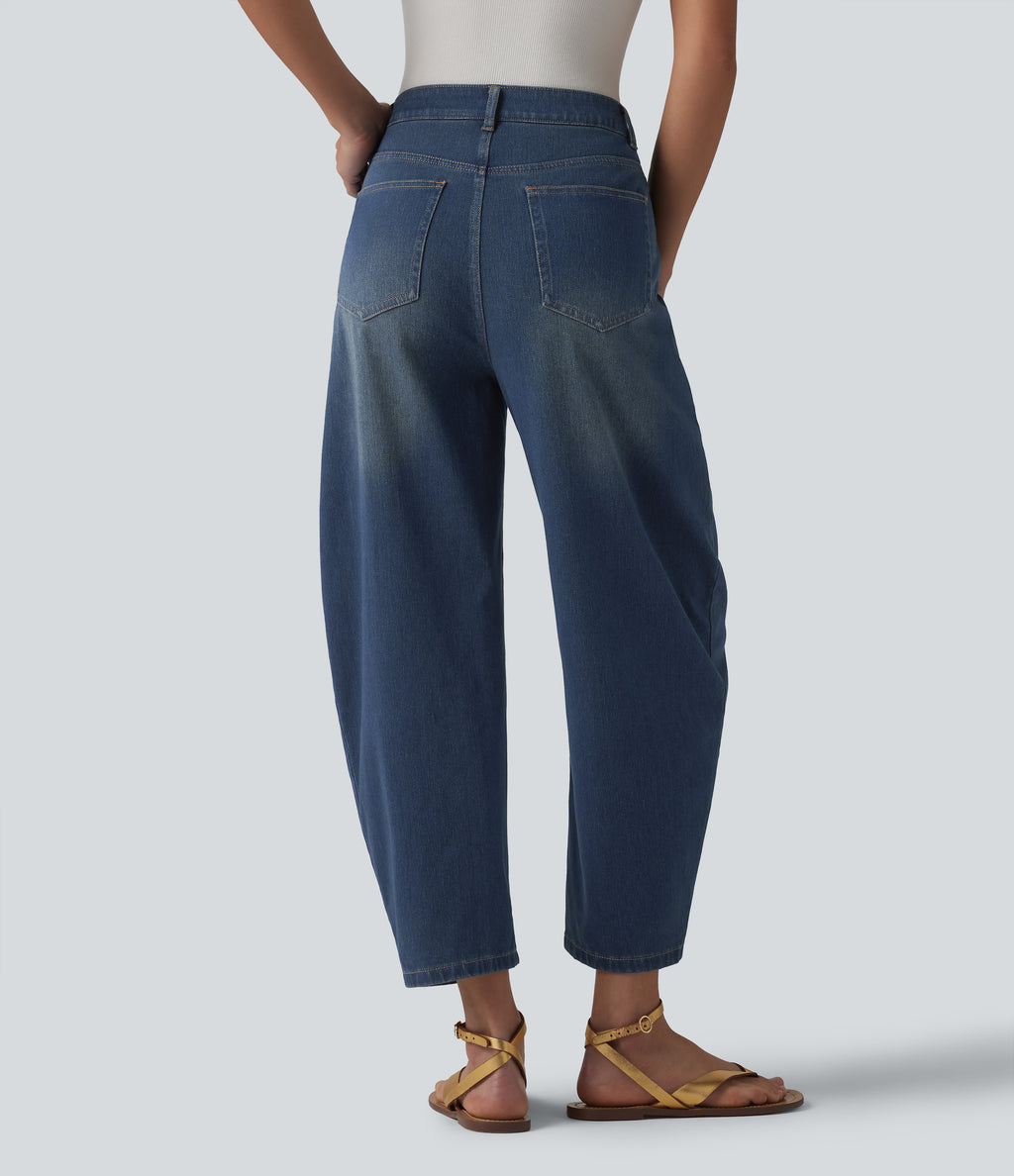 Mid Rise Barrel Leg Casual Jeans with Pockets — Estate Blue Denim — view 2