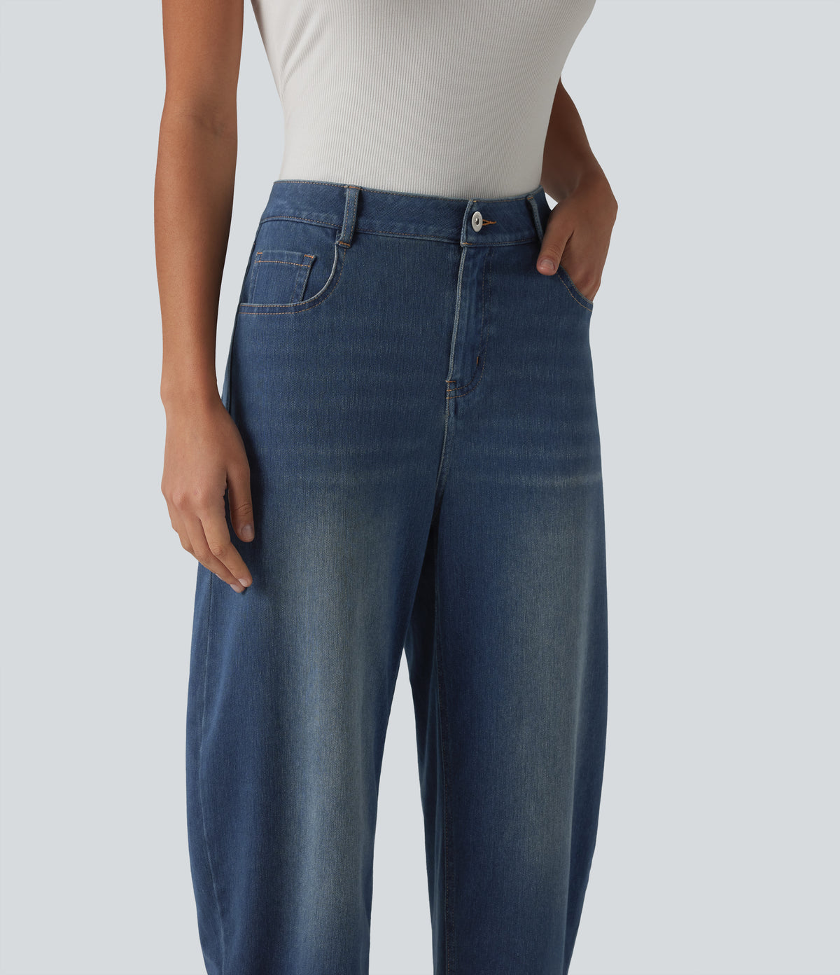 Mid Rise Barrel Leg Casual Jeans with Pockets — Estate Blue Denim — view 5