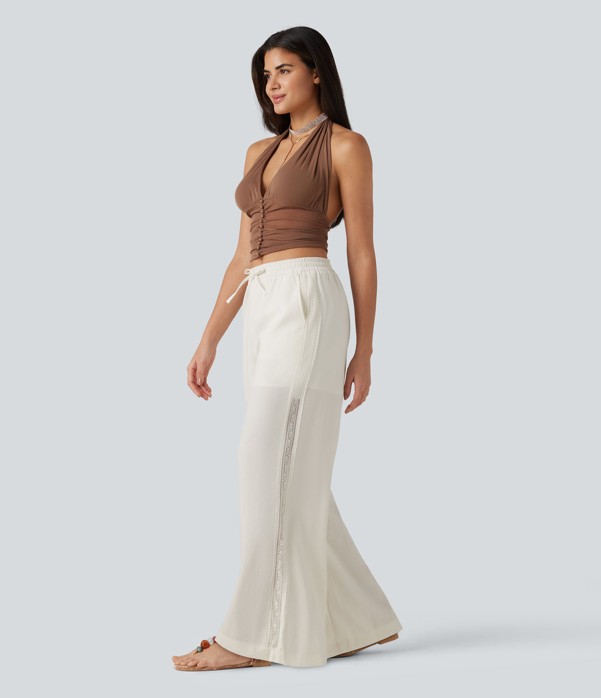 Mid Rise Drawstring Contrast Lace 2-in-1 Casual Linen-Feel Baggy Trousers with Pockets — Marshmallow — view 7