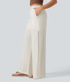 Mid Rise Drawstring Contrast Lace 2-in-1 Casual Linen-Feel Baggy Trousers with Pockets — Marshmallow — view 1