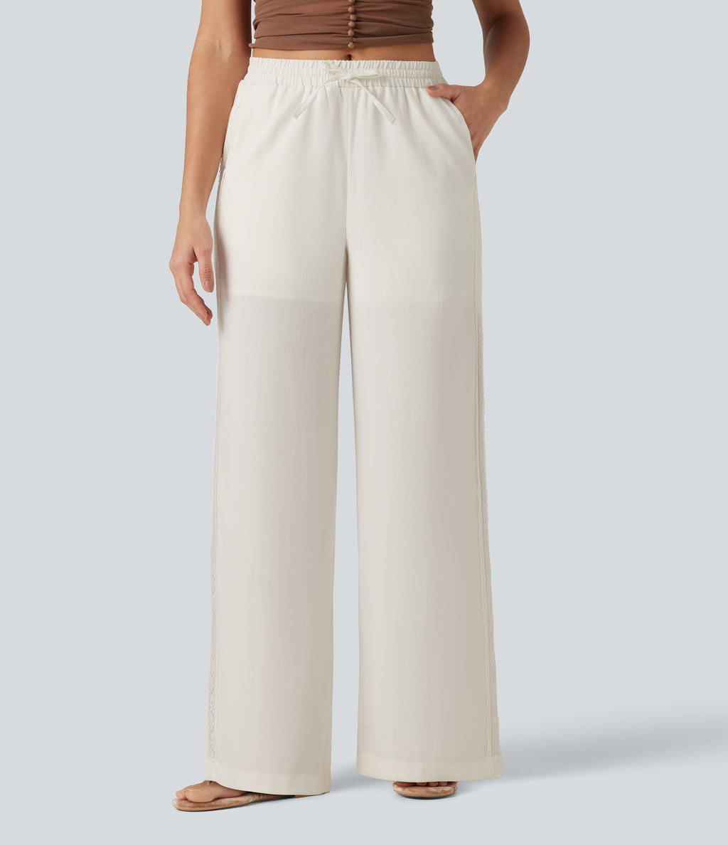 Mid Rise Drawstring Contrast Lace 2-in-1 Casual Linen-Feel Baggy Trousers with Pockets — Marshmallow — view 3