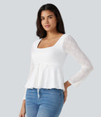 U-Neck Long Sleeve Contrast Lace Drawstring Party Babydoll Top — White — view 3
