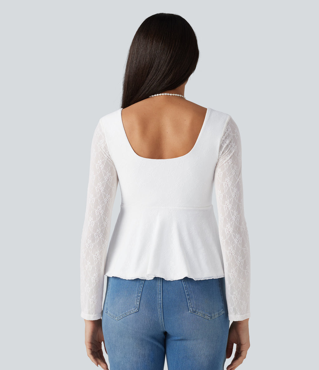 U-Neck Long Sleeve Contrast Lace Drawstring Party Babydoll Top — White — view 2