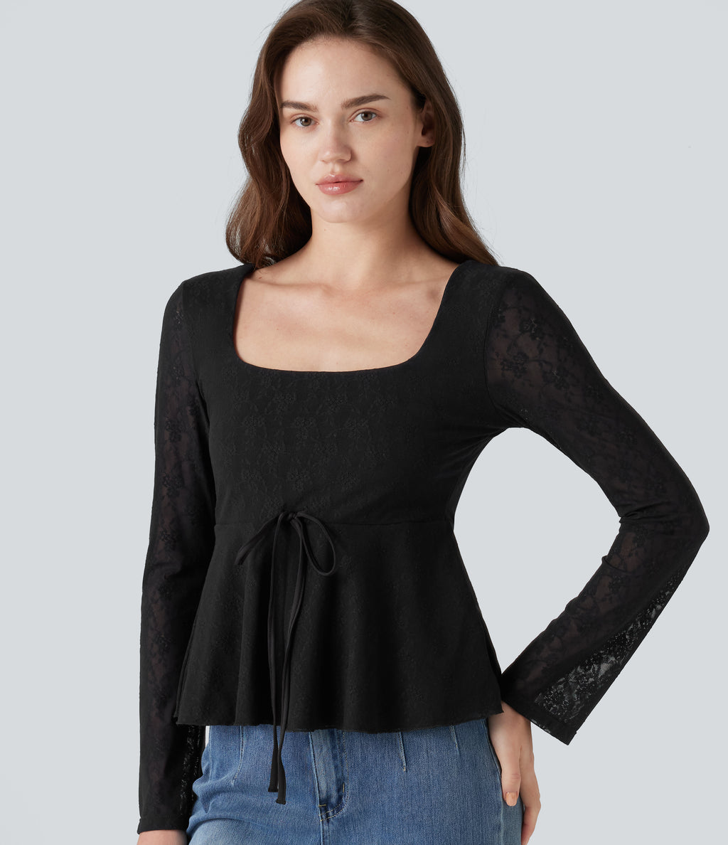 U-Neck Long Sleeve Contrast Lace Drawstring Party Babydoll Top — Black — view 7