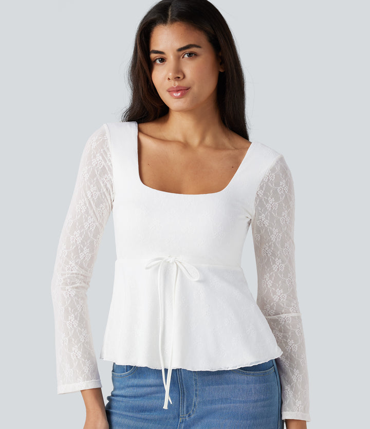 U-Neck Long Sleeve Contrast Lace Drawstring Party Babydoll Top — White — view 1