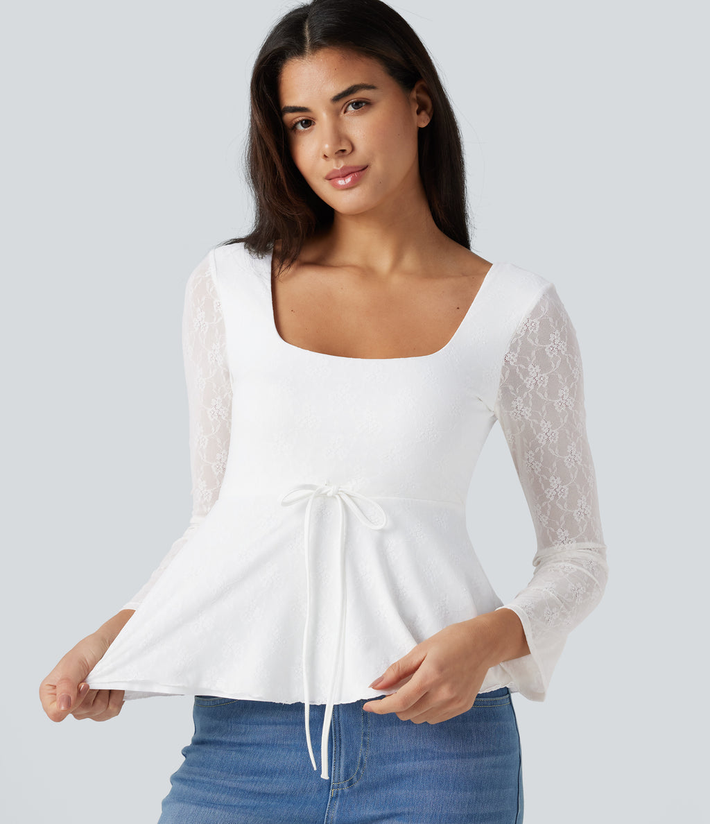 U-Neck Long Sleeve Contrast Lace Drawstring Party Babydoll Top — White — view 5