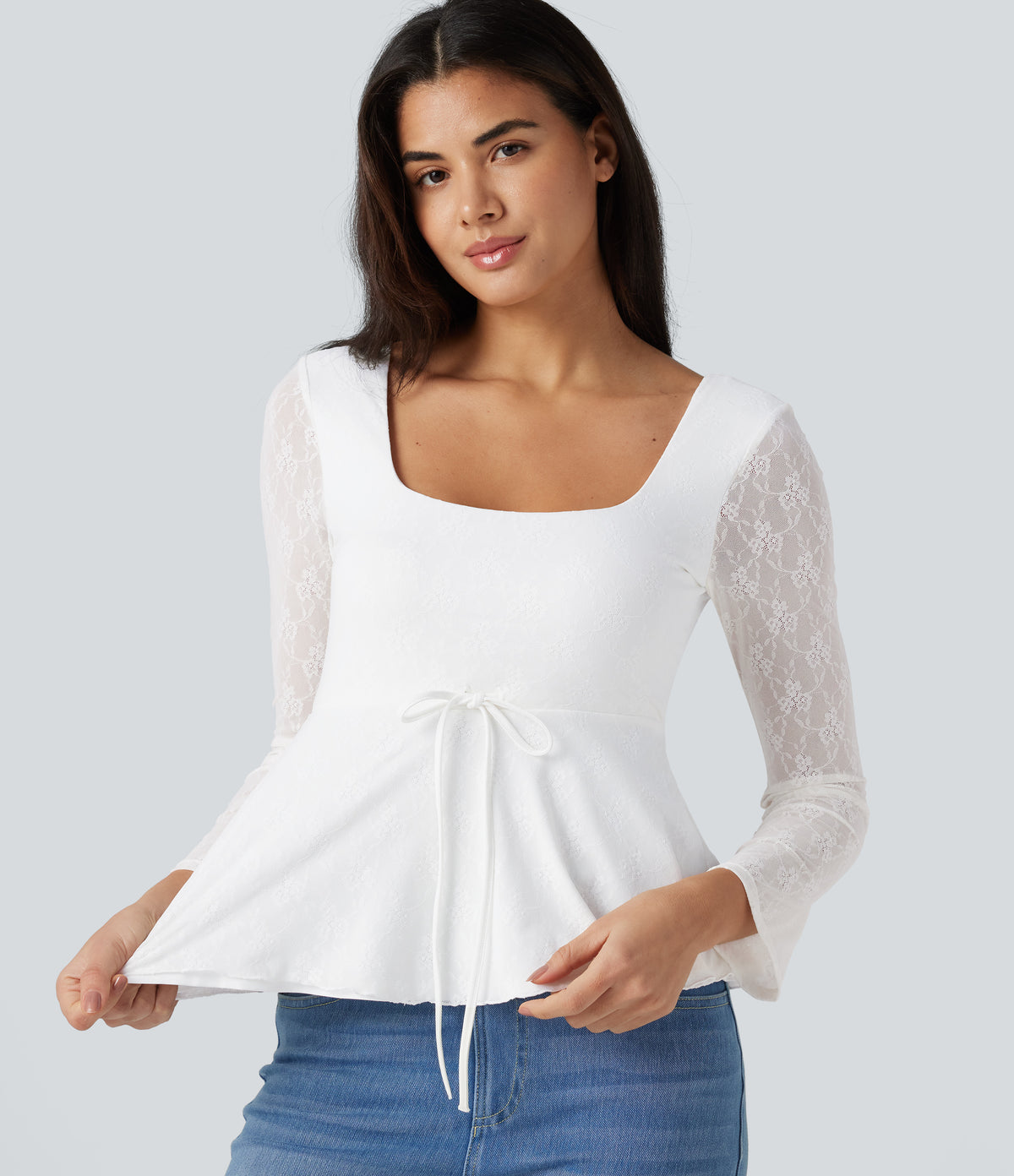 U-Neck Long Sleeve Contrast Lace Drawstring Party Babydoll Top — White — view 5