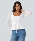 U-Neck Long Sleeve Contrast Lace Drawstring Party Babydoll Top — White — view 4