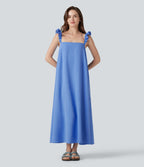 Square Neck Ruffle Trim Sleeveless Midi Casual Flowy Dress with Pockets — Cornflower Blue — view 4