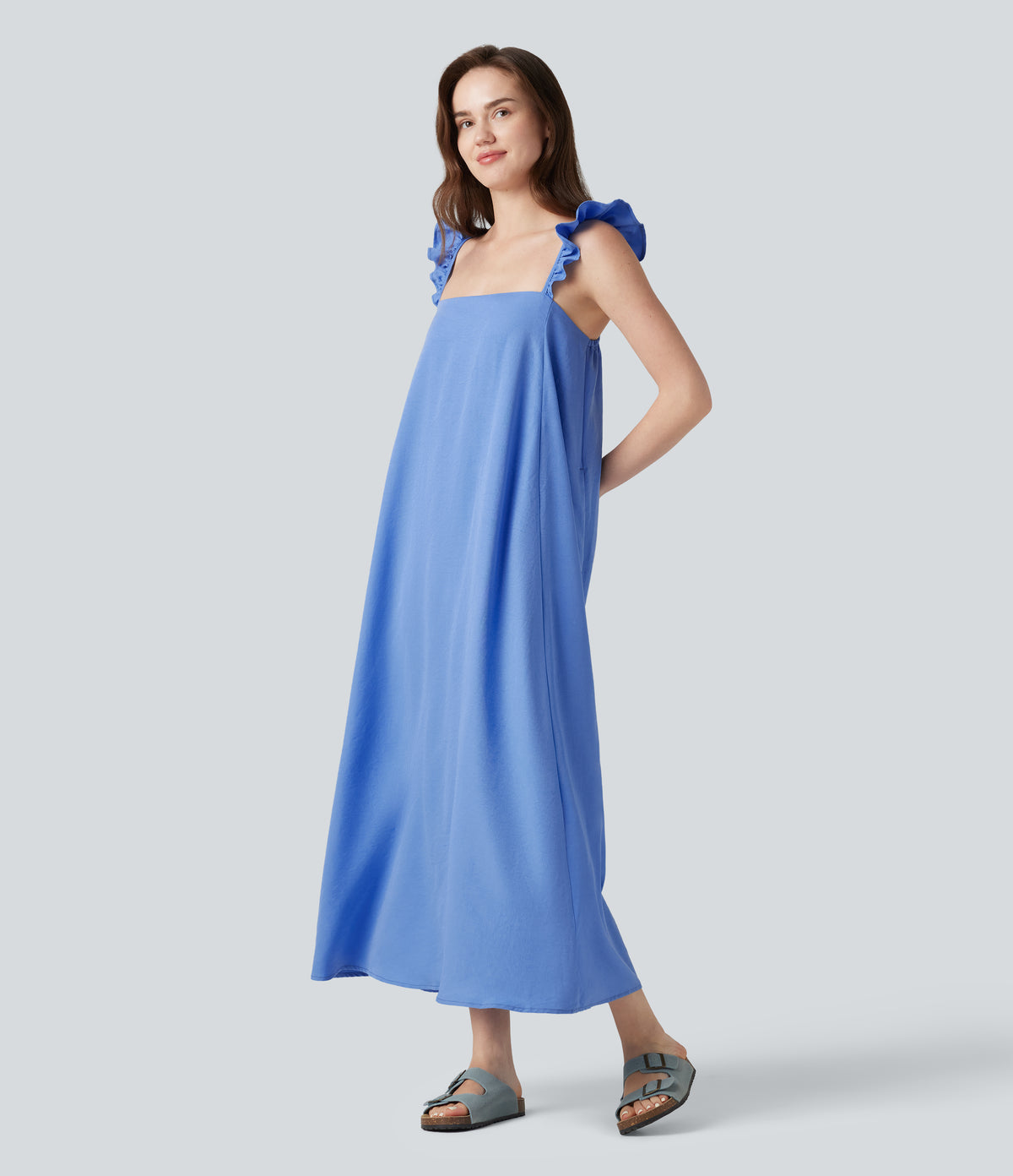 Square Neck Ruffle Trim Sleeveless Midi Casual Flowy Dress with Pockets — Cornflower Blue — view 3
