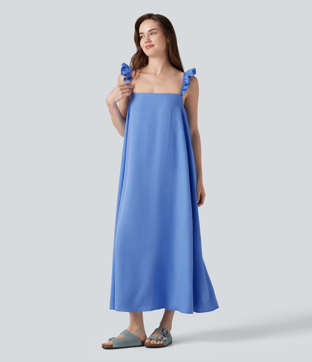 Square Neck Ruffle Trim Sleeveless Midi Casual Flowy Dress with Pockets — Cornflower Blue — view 1