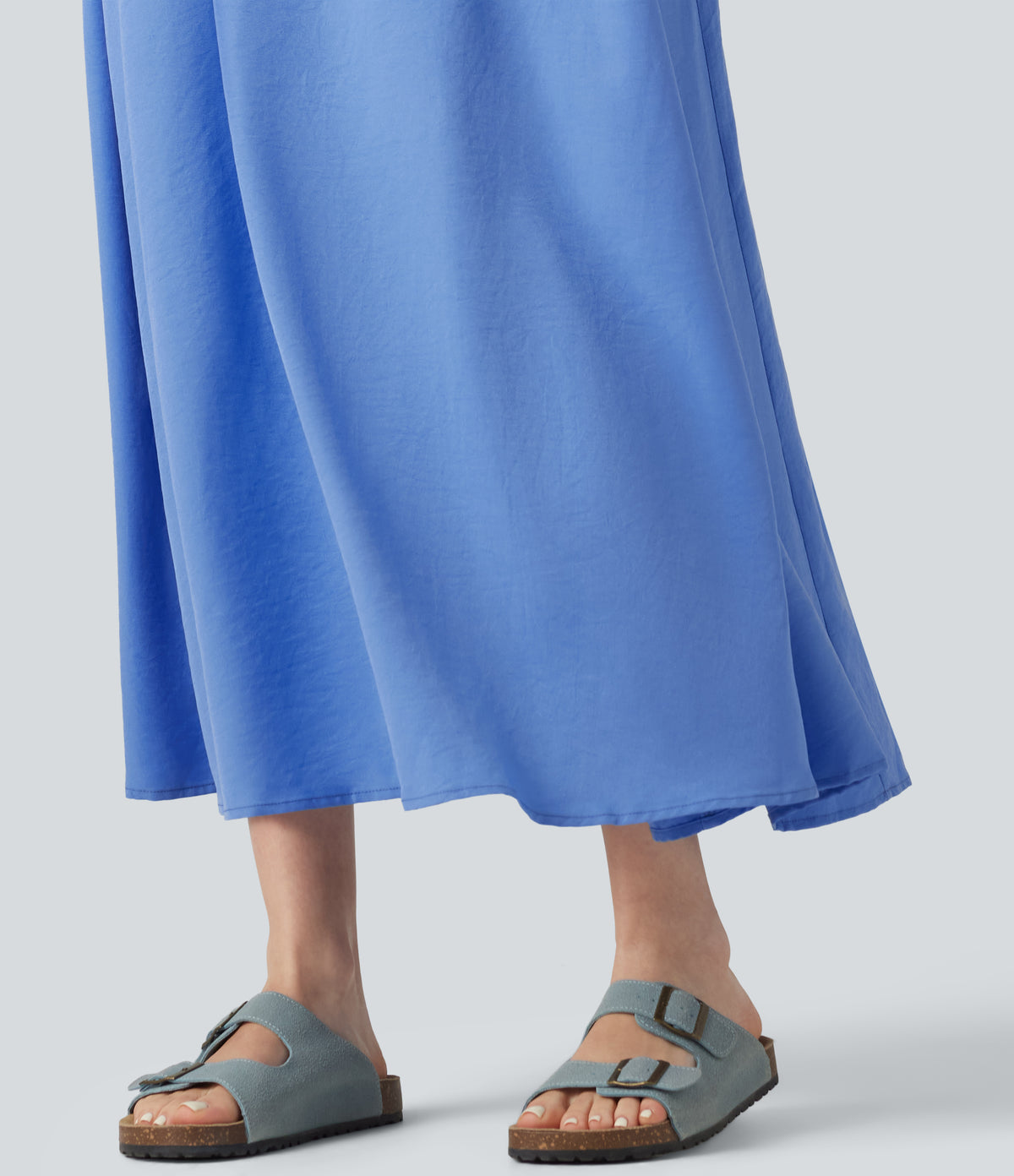 Square Neck Ruffle Trim Sleeveless Midi Casual Flowy Dress with Pockets — Cornflower Blue — view 6