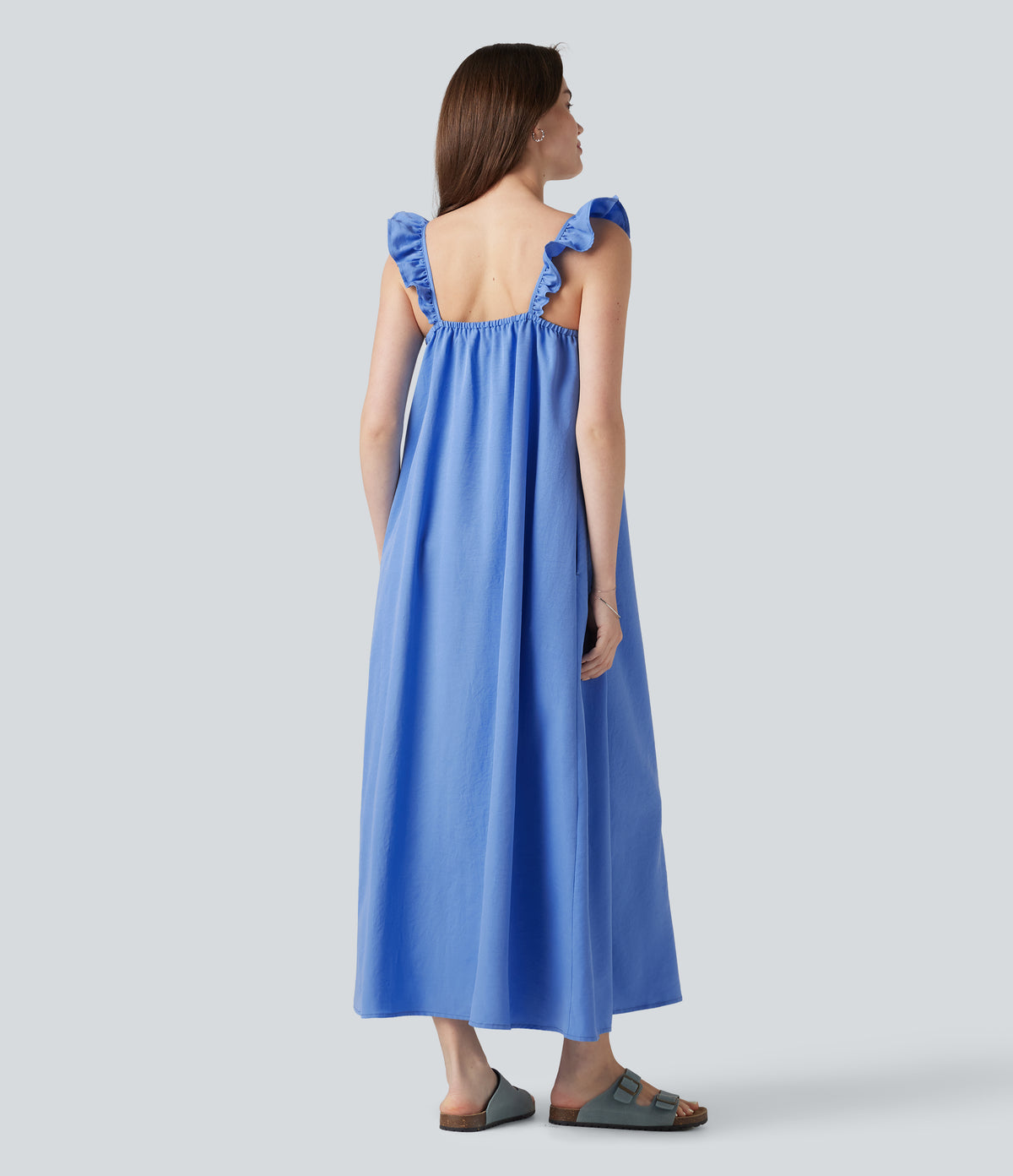 Square Neck Ruffle Trim Sleeveless Midi Casual Flowy Dress with Pockets — Cornflower Blue — view 2