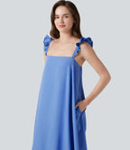 Square Neck Ruffle Trim Sleeveless Midi Casual Flowy Dress with Pockets — Cornflower Blue — view 5
