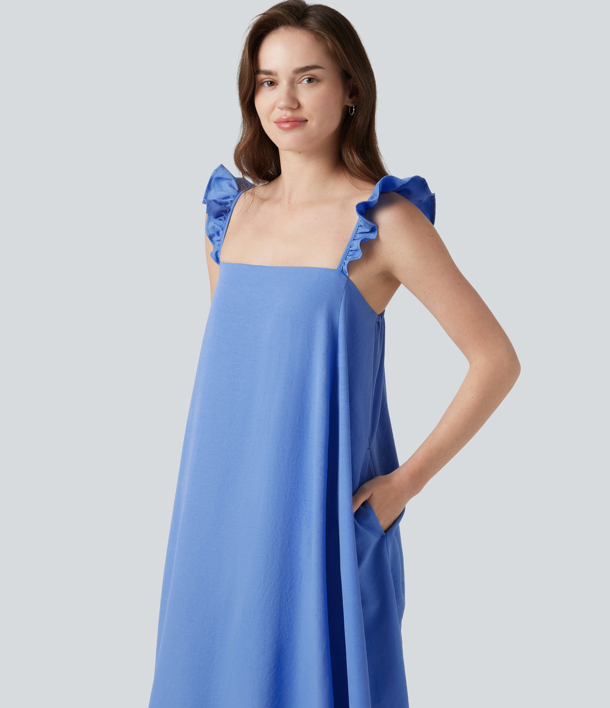 Square Neck Ruffle Trim Sleeveless Midi Casual Flowy Dress with Pockets — Cornflower Blue — view 5