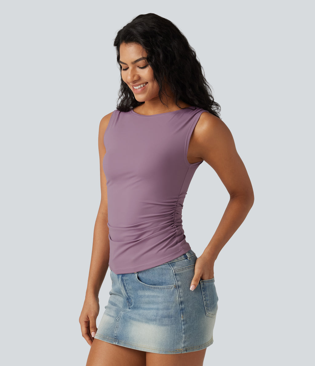 Boat Neck Ruched Casual Tank Top — Taro — view 4