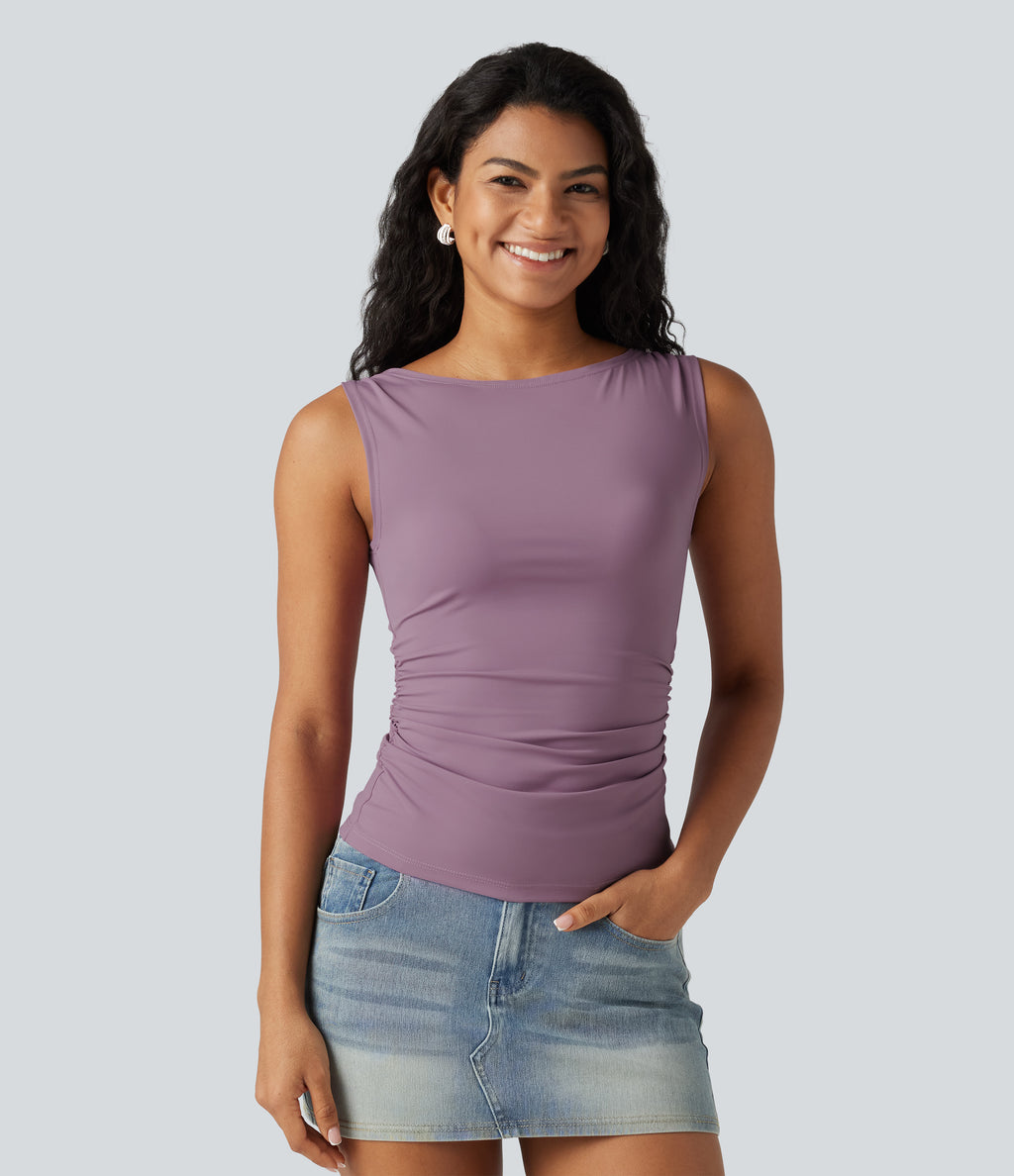 Boat Neck Ruched Casual Tank Top — Taro — view 3