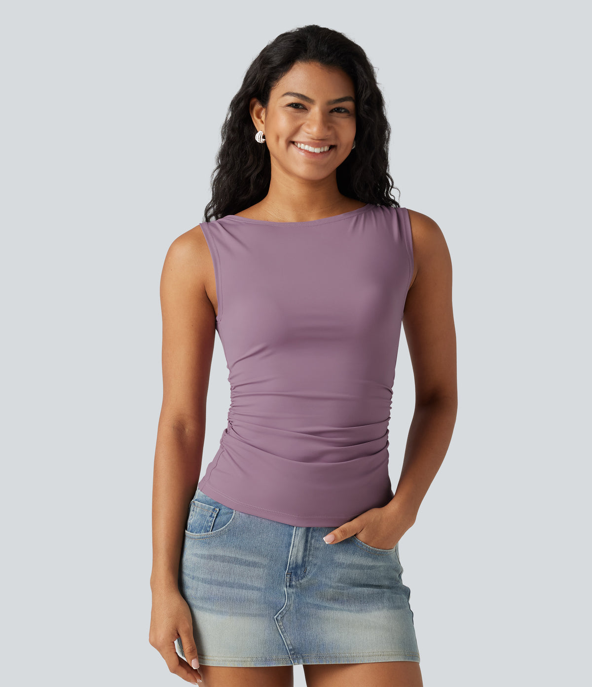 Boat Neck Ruched Casual Tank Top — Taro — view 3