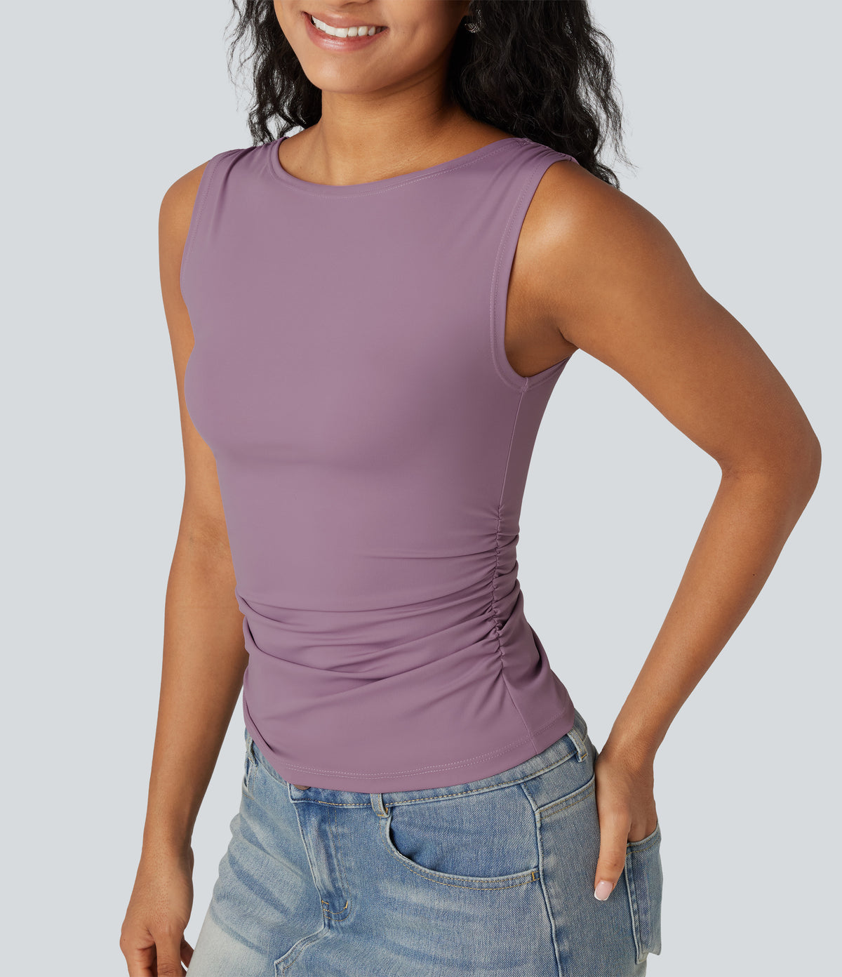 Boat Neck Ruched Casual Tank Top — Taro — view 5