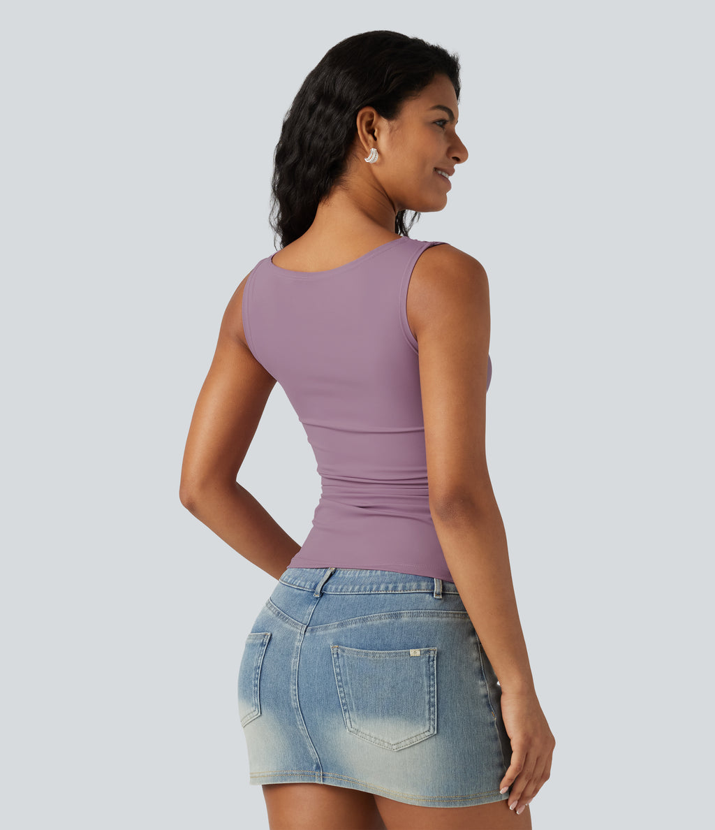 Boat Neck Ruched Casual Tank Top — Taro — view 2